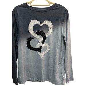 Grey Ombre Long Sleeve T-shirt Triple Heart Graphic - Size M - NWOT